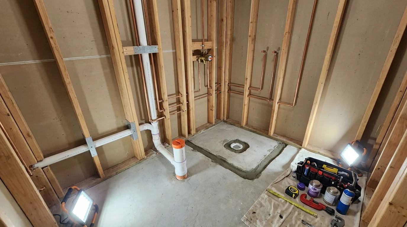 Bathroom rough-in plumbing during remodel by Johns Plumbing LLC in Kahuku