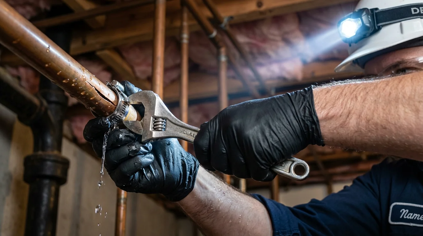 Emergency pipe clamp repair being performed by a Johns Plumbing LLC plumber in Kahuku