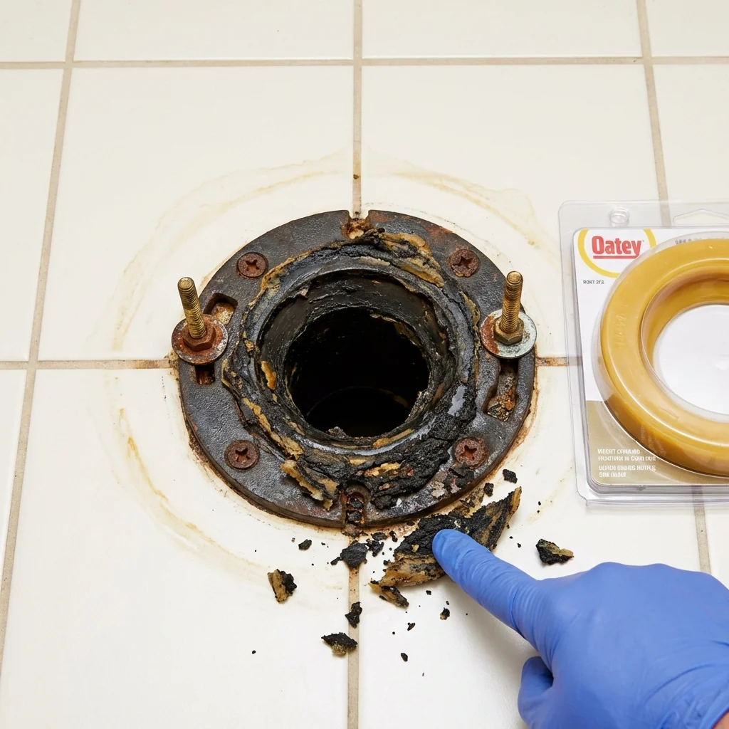 Failed wax ring showing water seepage at the base of a toilet in a Kahuku, HI home