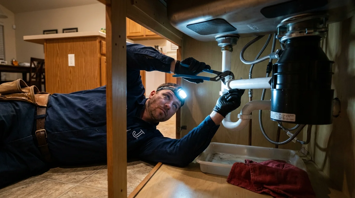 P-trap and supply line connections under a kitchen sink showing a common leak point in Kahuku, HI